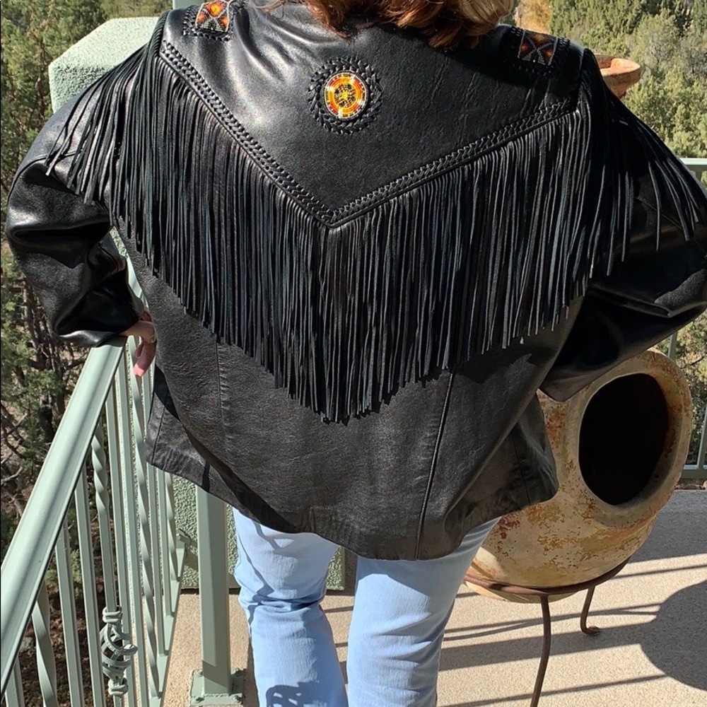 Vintage Western Fringe Leather Jacket Beaded Native Style Motorcycle Coat L